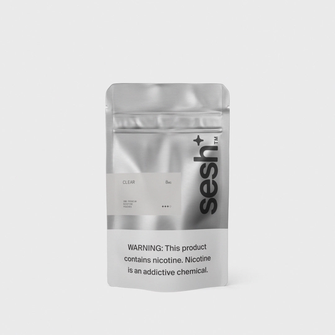 Silver Sesh+ nicotine pouches pouch, clear flavor, 8mg strength, with a health warning label.
