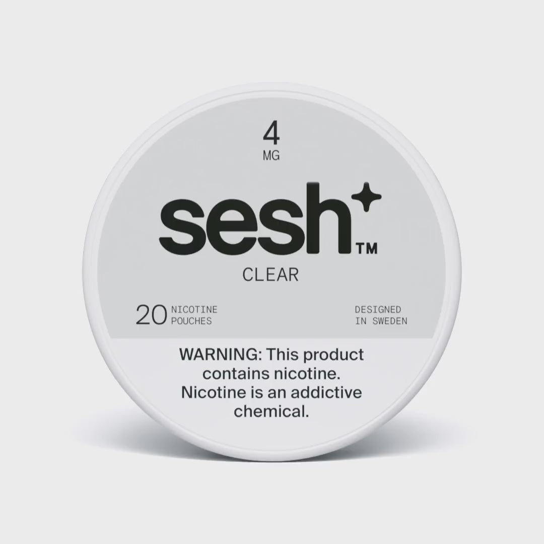 White circular tin of Sesh+ Clear 4mg nicotine pouches containing 20 pouches with a health warning.
