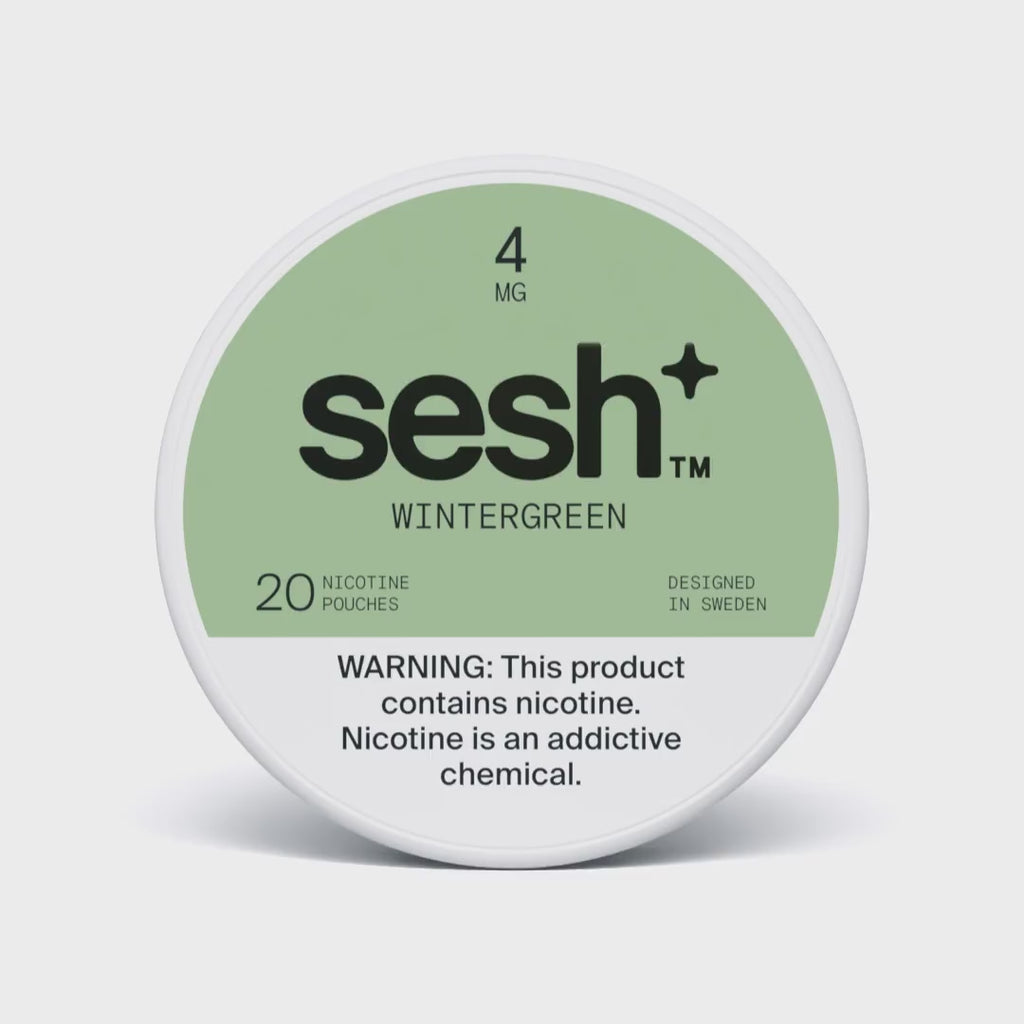 Sesh+ Wintergreen nicotine pouches tin with 4mg strength and 20 pouches on a light green label