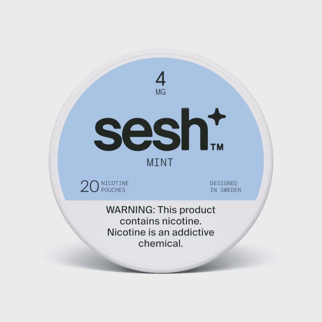 Sesh+ mint nicotine pouches 4mg strength 20 count circular white tin with light blue label