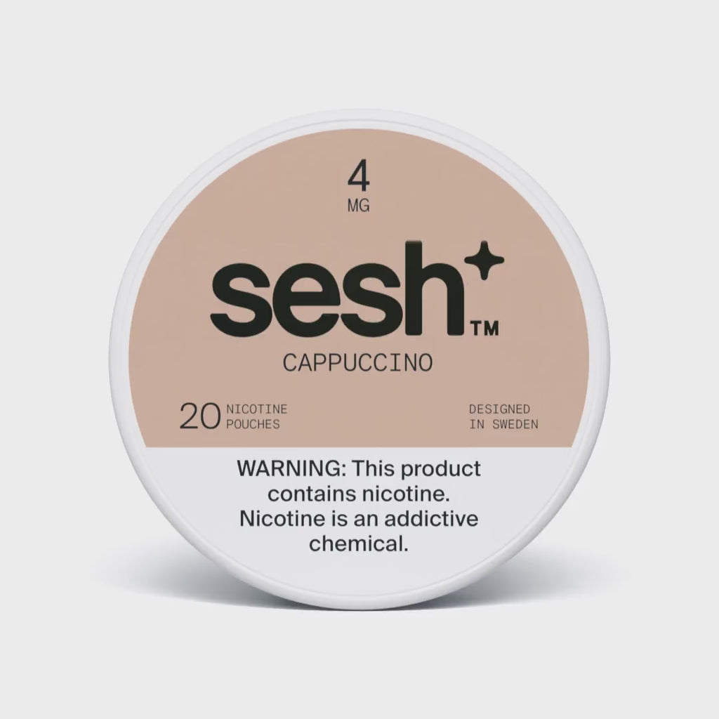Sesh+ cappuccino flavored nicotine pouches 4mg strength container with 20 pouches and health warning