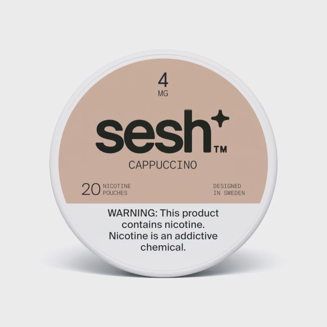 Sesh+ cappuccino flavored nicotine pouches 4mg strength container with 20 pouches and health warning