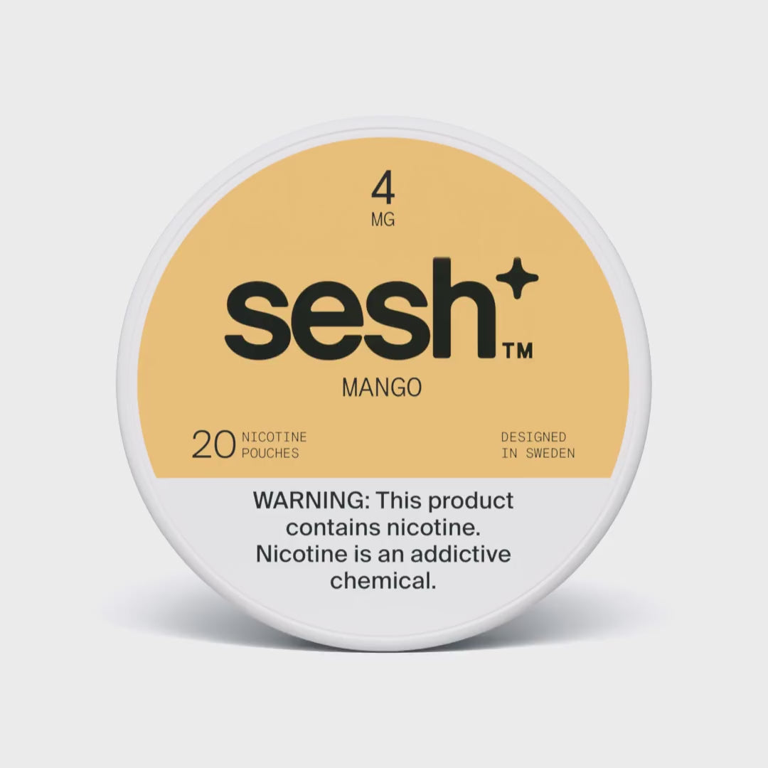 Sesh+ mango flavored nicotine pouches 4mg strength container with 20 pouches and nicotine warning label
